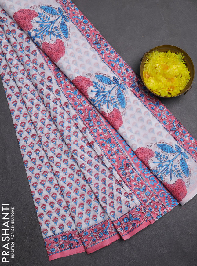 Jaipur cotton saree off white and light pink with allover butta prints and printed border
