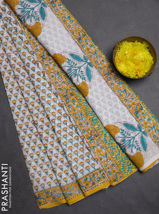 Jaipur cotton saree off white and mustard yellow with allover butta prints and printed border
