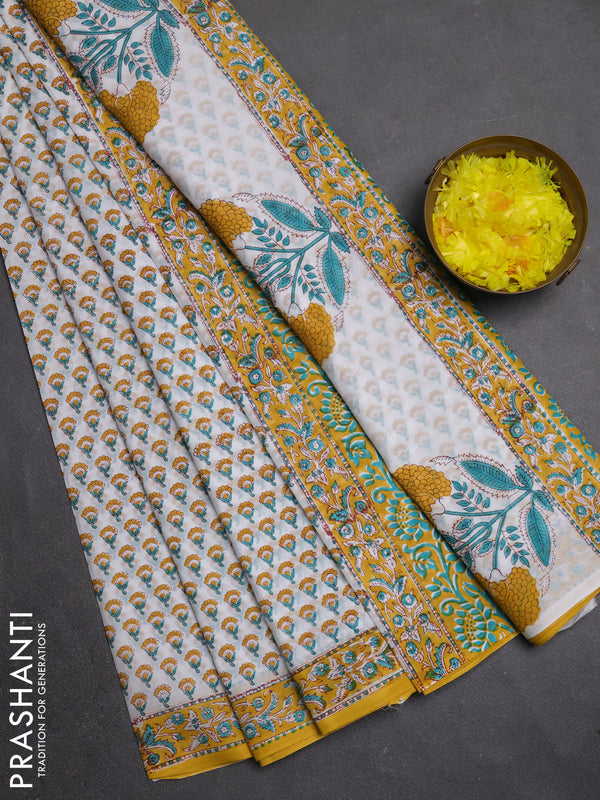 Jaipur cotton saree off white and mustard yellow with allover butta prints and printed border