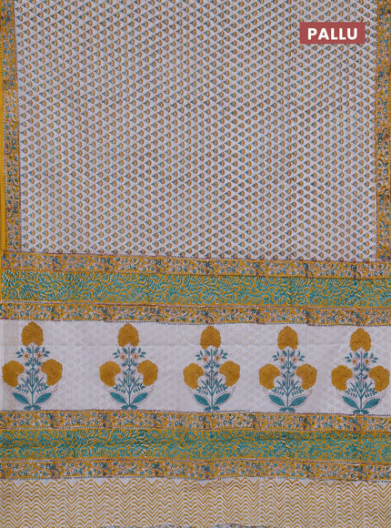 Jaipur cotton saree off white and mustard yellow with allover butta prints and printed border