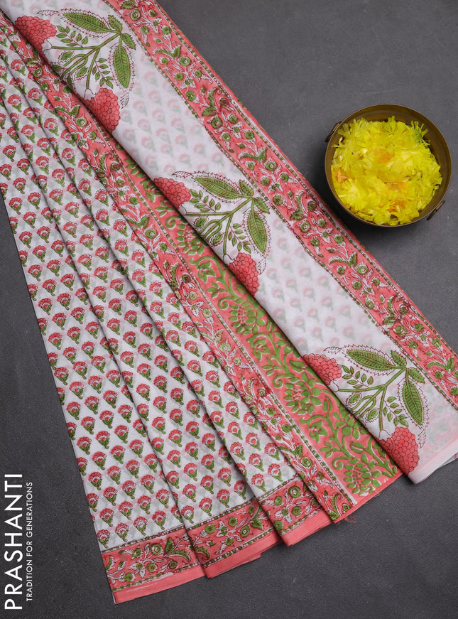 Jaipur cotton saree off white and peach with allover butta prints and printed border