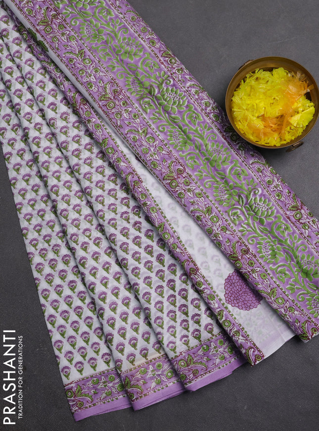 Jaipur cotton saree off white and lavender with allover butta prints and printed border