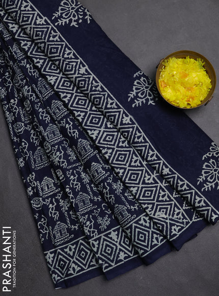 Jaipur cotton saree navy blue with allover warli prints and printed border
