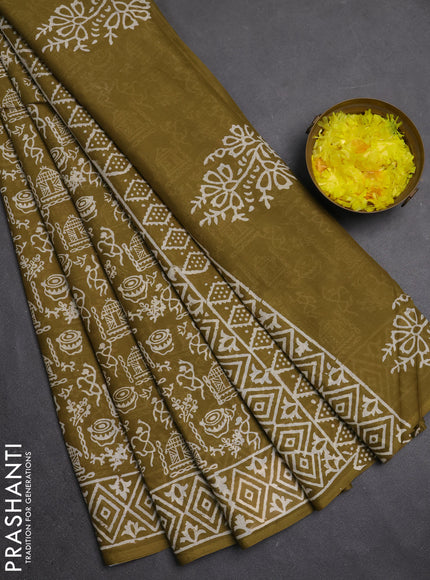 Jaipur cotton saree mehendi green with allover warli prints and printed border