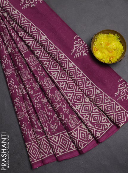 Jaipur cotton saree magenta pink with allover warli prints and printed border