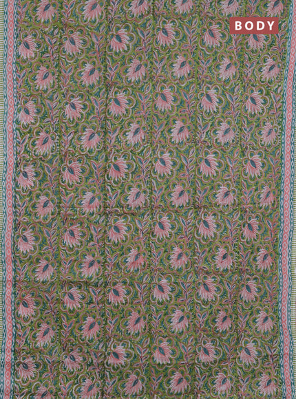 Jaipur cotton saree light green and peach with allover floral prints and printed border