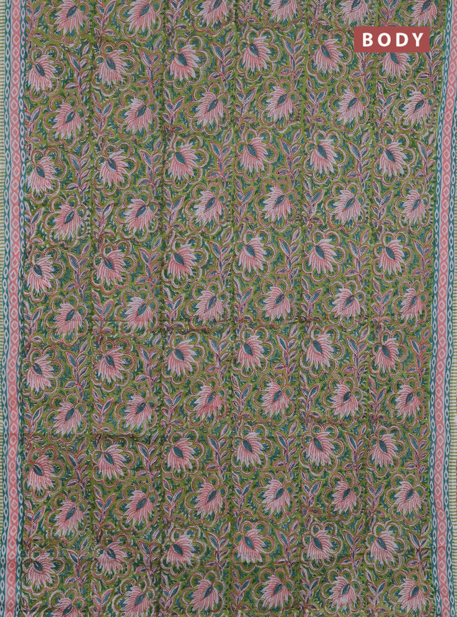 Jaipur cotton saree light green and peach with allover floral prints and printed border