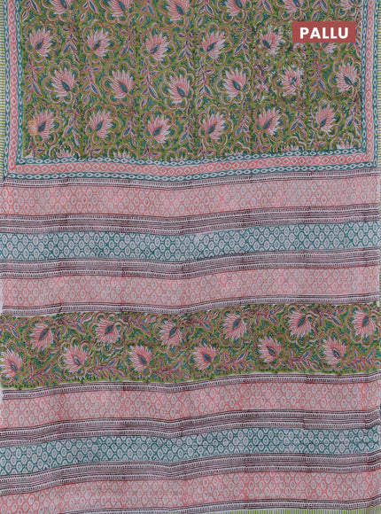 Jaipur cotton saree light green and peach with allover floral prints and printed border