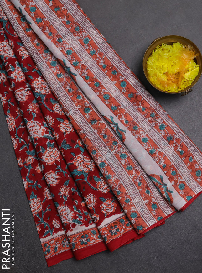 Jaipur cotton saree red and peach with allover floral prints and printed border