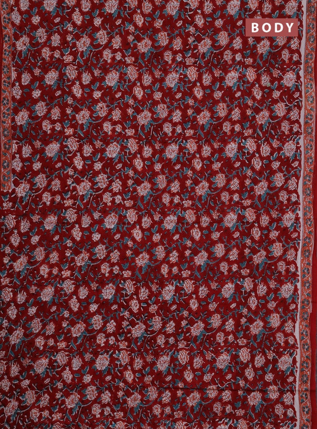 Jaipur cotton saree red and peach with allover floral prints and printed border
