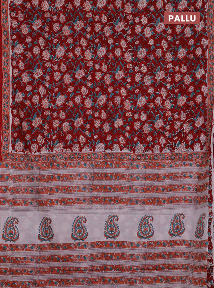 Jaipur cotton saree red and peach with allover floral prints and printed border