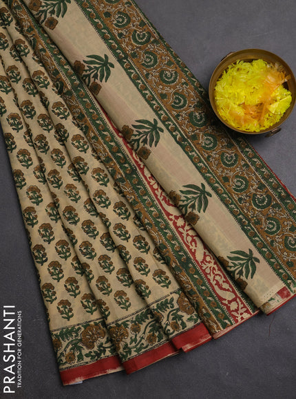 Jaipur cotton saree beige and maroon with allover floral butta prints and printed border