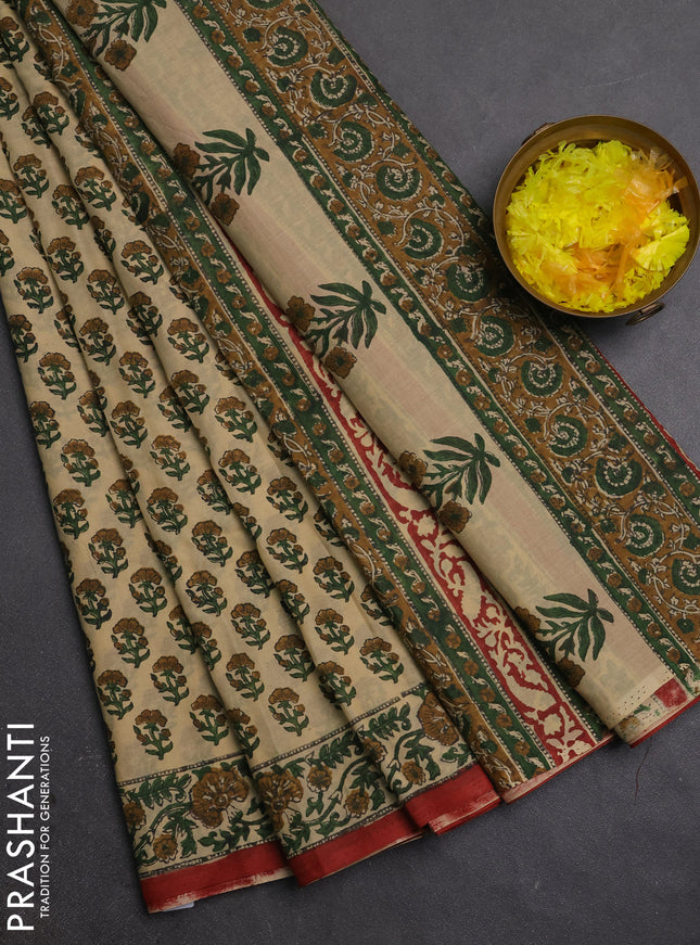 Jaipur cotton saree beige and maroon with allover floral butta prints and printed border