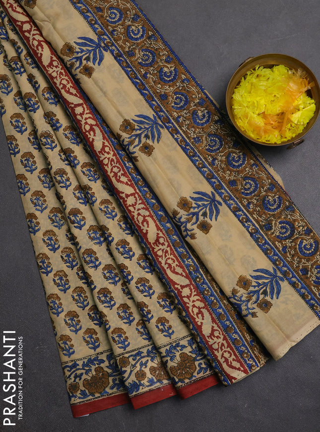 Jaipur cotton saree beige and maroon with allover floral butta prints and printed border
