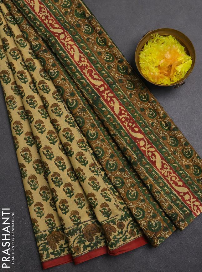 Jaipur cotton saree beige and rust shade with allover floral butta prints and printed border