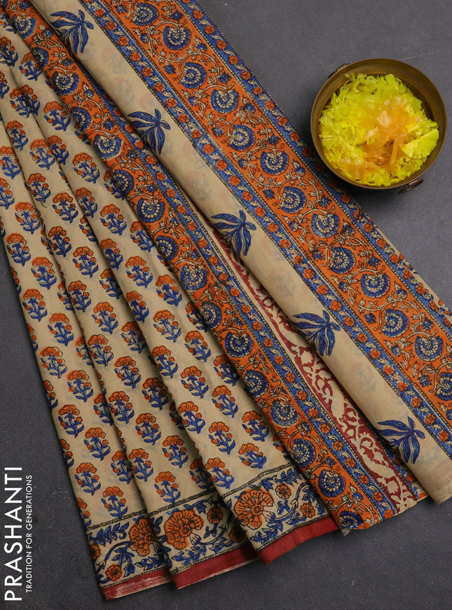Jaipur cotton saree beige and rust shade with allover butta prints and printed border