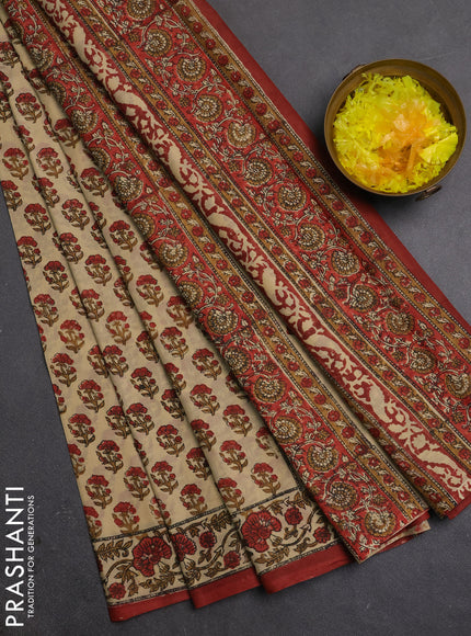 Jaipur cotton saree beige and rust shade with allover prints and printed border