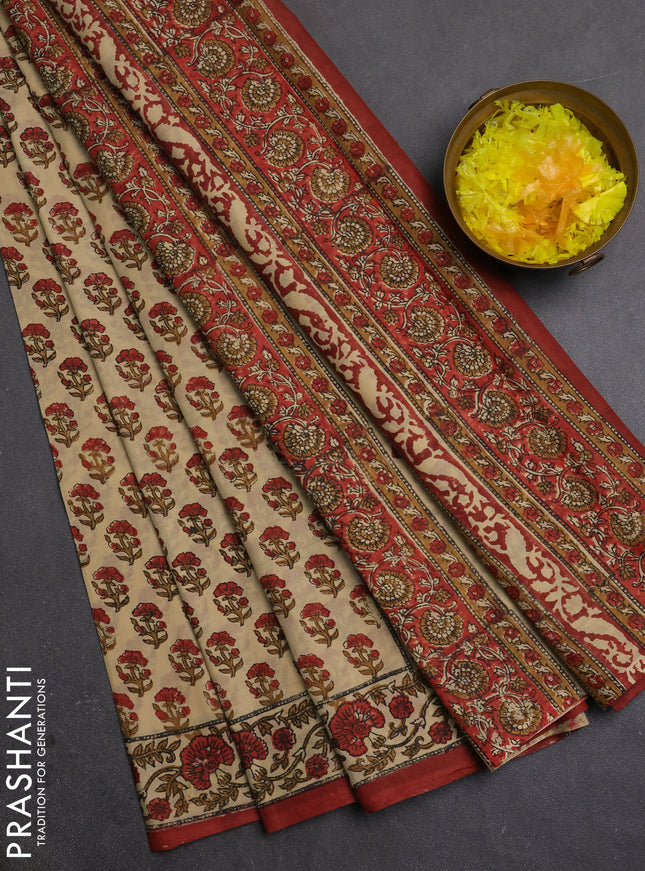 Jaipur cotton saree beige and rust shade with allover prints and printed border
