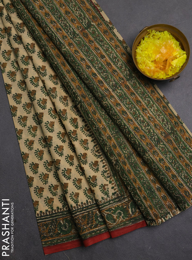 Jaipur cotton saree beige and dark mustard with allover butta prints and printed border