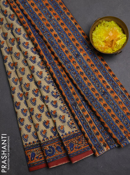 Jaipur cotton saree beige and orange with allover butta prints and printed border