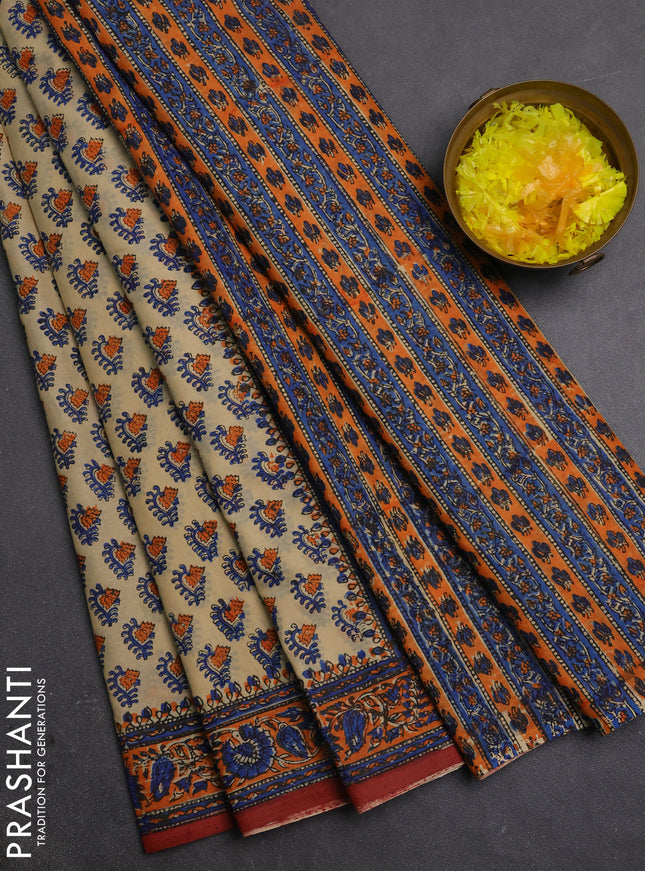 Jaipur cotton saree beige and orange with allover butta prints and printed border