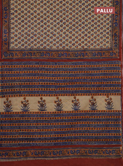 Jaipur cotton saree beige and orange with allover butta prints and printed border