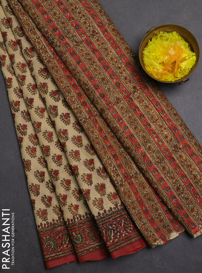 Jaipur cotton saree beige and rust shade with allover butta prints and printed border
