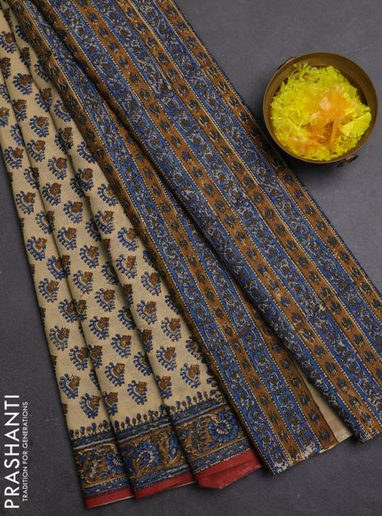 Jaipur cotton saree beige and dark mustard with allover butta prints and printed border