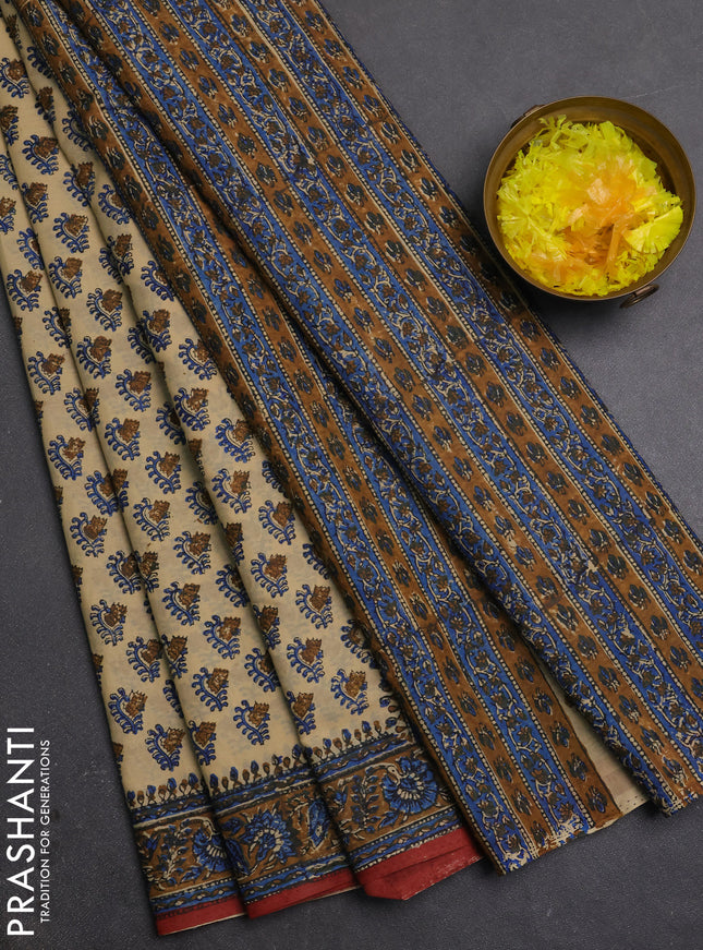 Jaipur cotton saree beige and dark mustard with allover butta prints and printed border