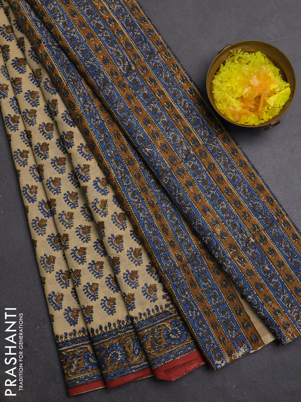 Jaipur cotton saree beige and dark mustard with allover butta prints and printed border