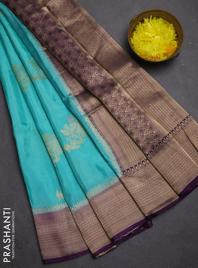 Semi mysore silk saree teal green and violet with zari woven buttas and zari woven border