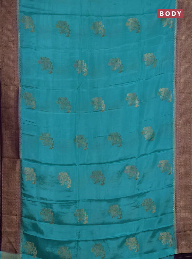 Semi mysore silk saree teal green and violet with zari woven buttas and zari woven border