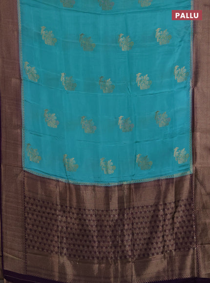 Semi mysore silk saree teal green and violet with zari woven buttas and zari woven border