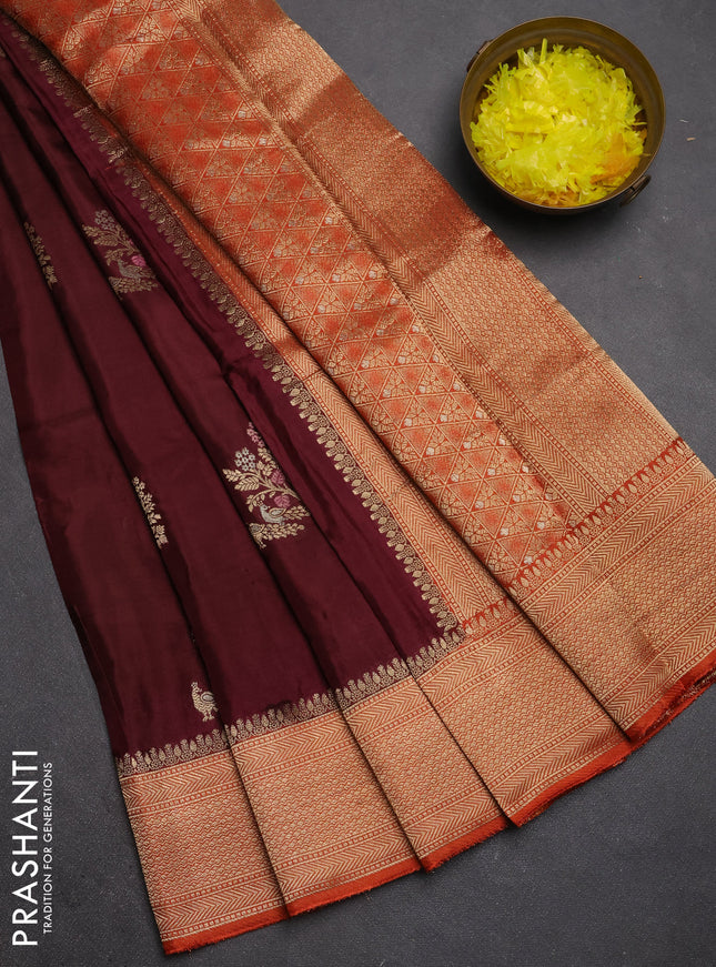 Semi mysore silk saree coffee brown and rustic orange with zari woven buttas and zari woven border