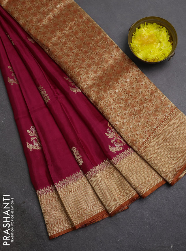 Semi mysore silk saree maroon and rustic orange with zari woven buttas and zari woven border