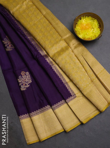 Semi mysore silk saree violet and mustard yellow with zari woven buttas and zari woven border