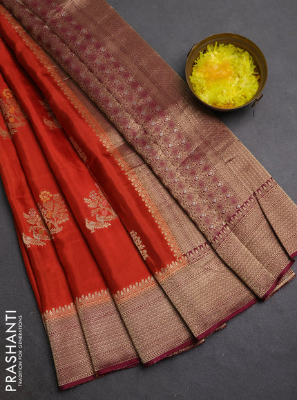 Semi mysore silk saree rustic orange and wine shade with zari woven buttas and zari woven border