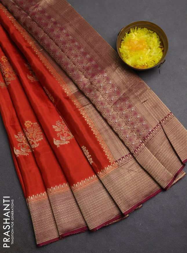 Semi mysore silk saree rustic orange and wine shade with zari woven buttas and zari woven border