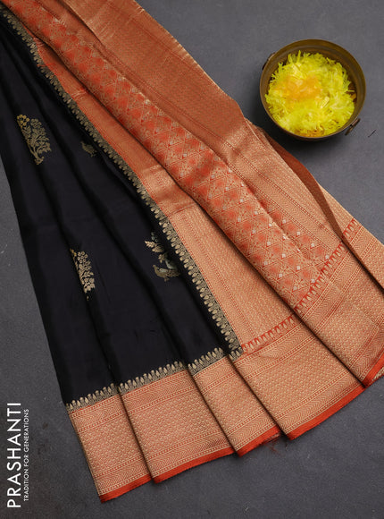 Semi mysore silk saree black and rustic orange with zari woven buttas and zari woven border