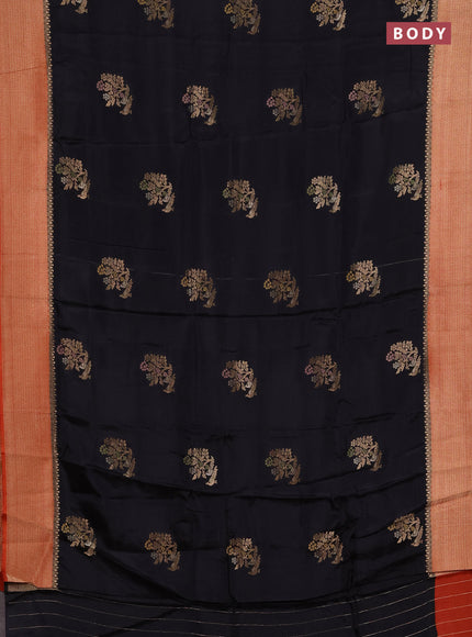 Semi mysore silk saree black and rustic orange with zari woven buttas and zari woven border