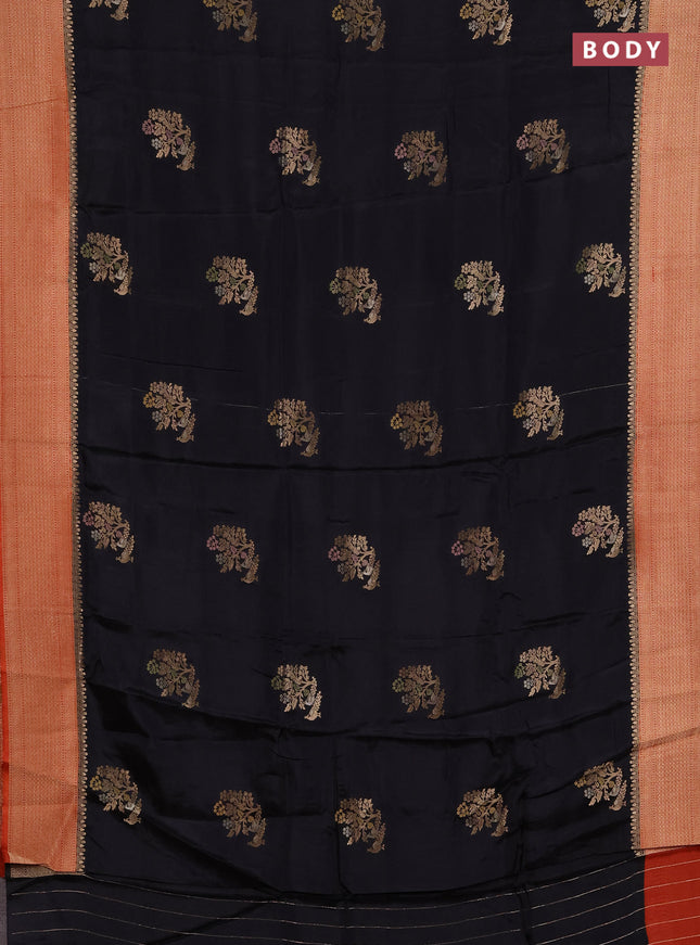 Semi mysore silk saree black and rustic orange with zari woven buttas and zari woven border