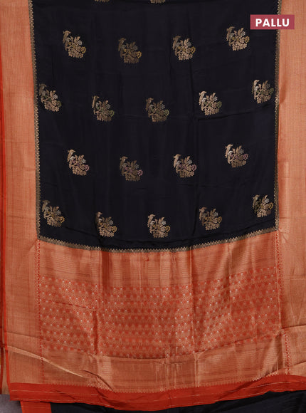 Semi mysore silk saree black and rustic orange with zari woven buttas and zari woven border