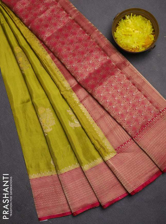Semi mysore silk saree mustard green and pink with zari woven buttas and zari woven border
