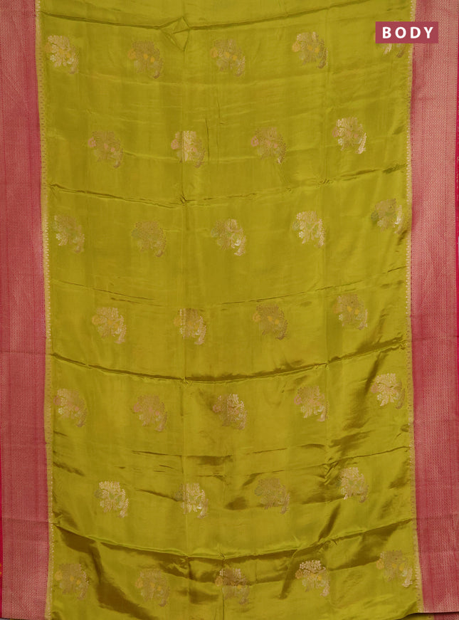 Semi mysore silk saree mustard green and pink with zari woven buttas and zari woven border