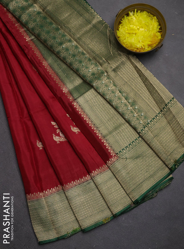 Semi mysore silk saree maroon and green with zari woven buttas and zari woven border