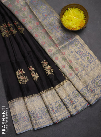 Semi mysore silk saree black and grey with zari woven buttas and zari woven border