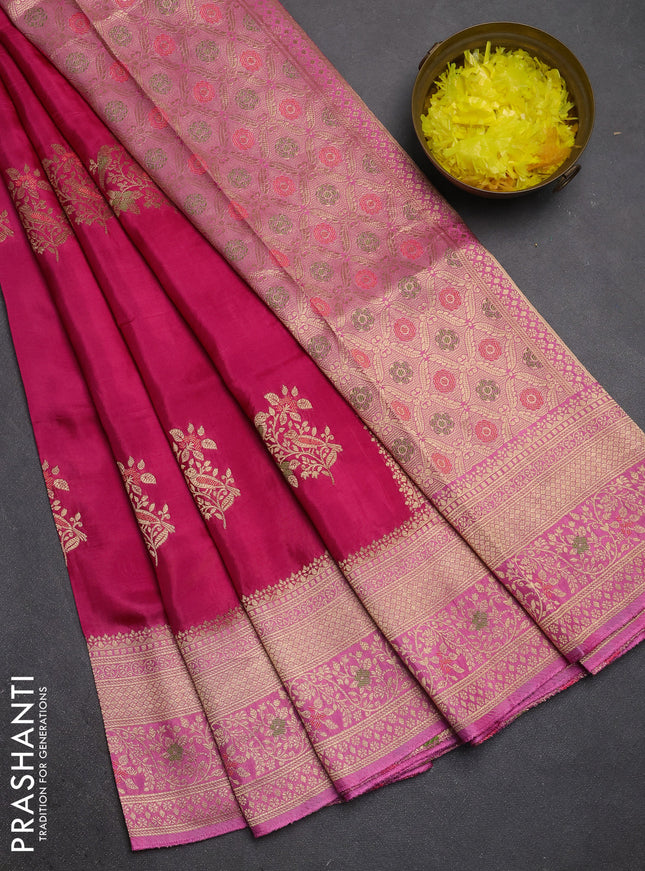 Semi mysore silk saree pink and peach pink with zari woven buttas and zari woven border