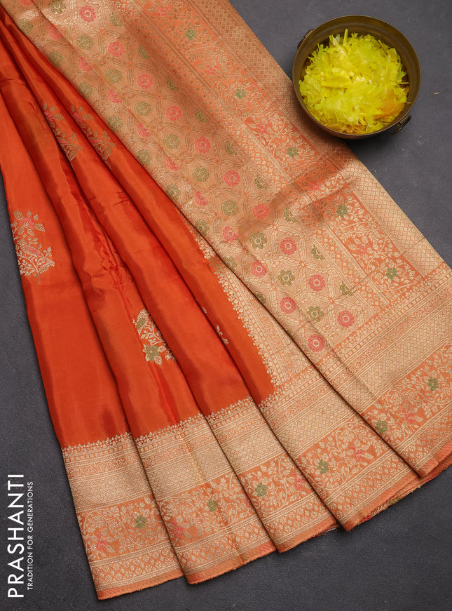 Semi mysore silk saree orange with zari woven buttas and zari woven border