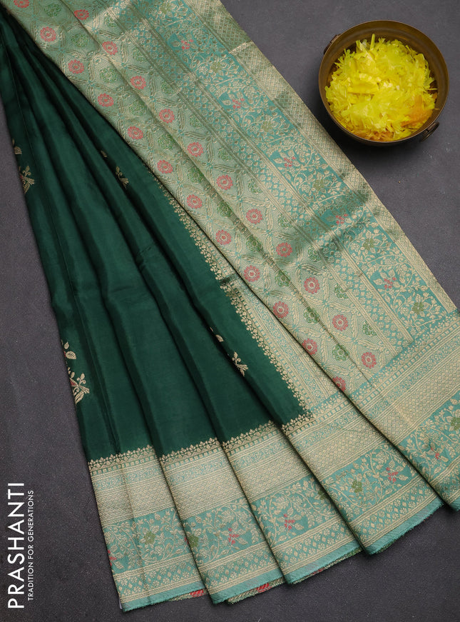 Semi mysore silk saree green and pastel green with zari woven buttas and zari woven border