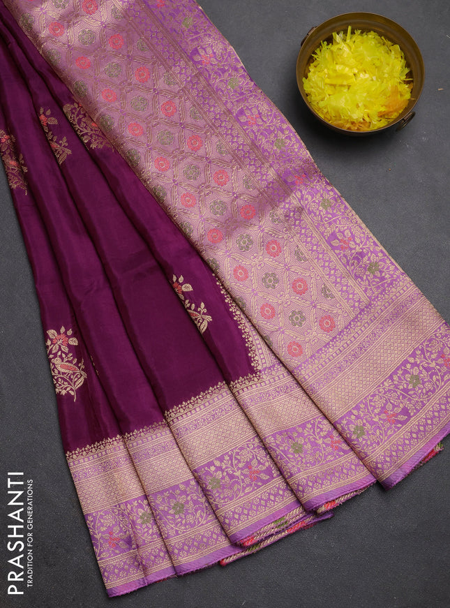 Semi mysore silk saree magenta pink and lotus pink with zari woven buttas and zari woven border